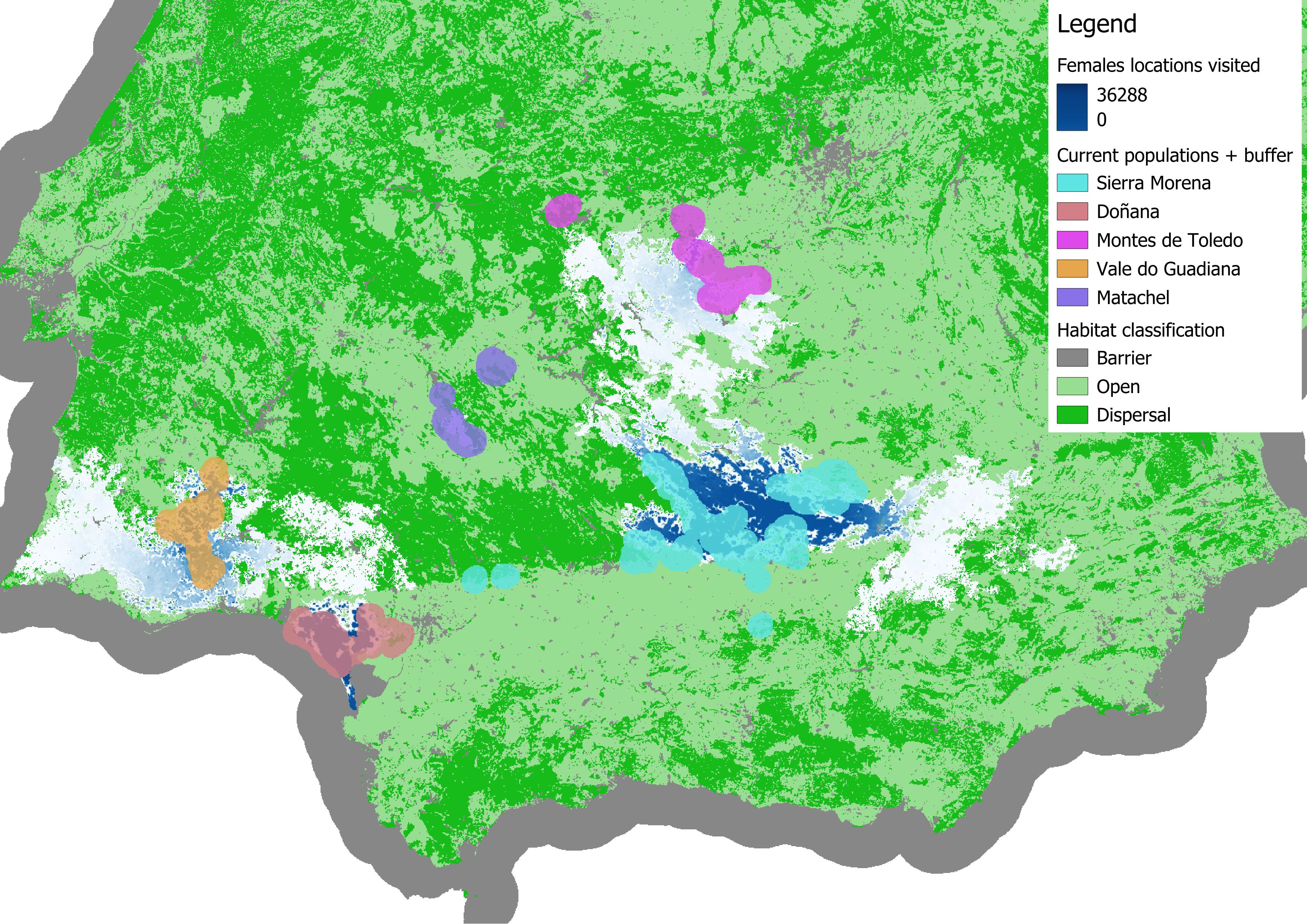 Map of the Iberian peninsula with area's traveld by females in one simulation with static breeding habitat
